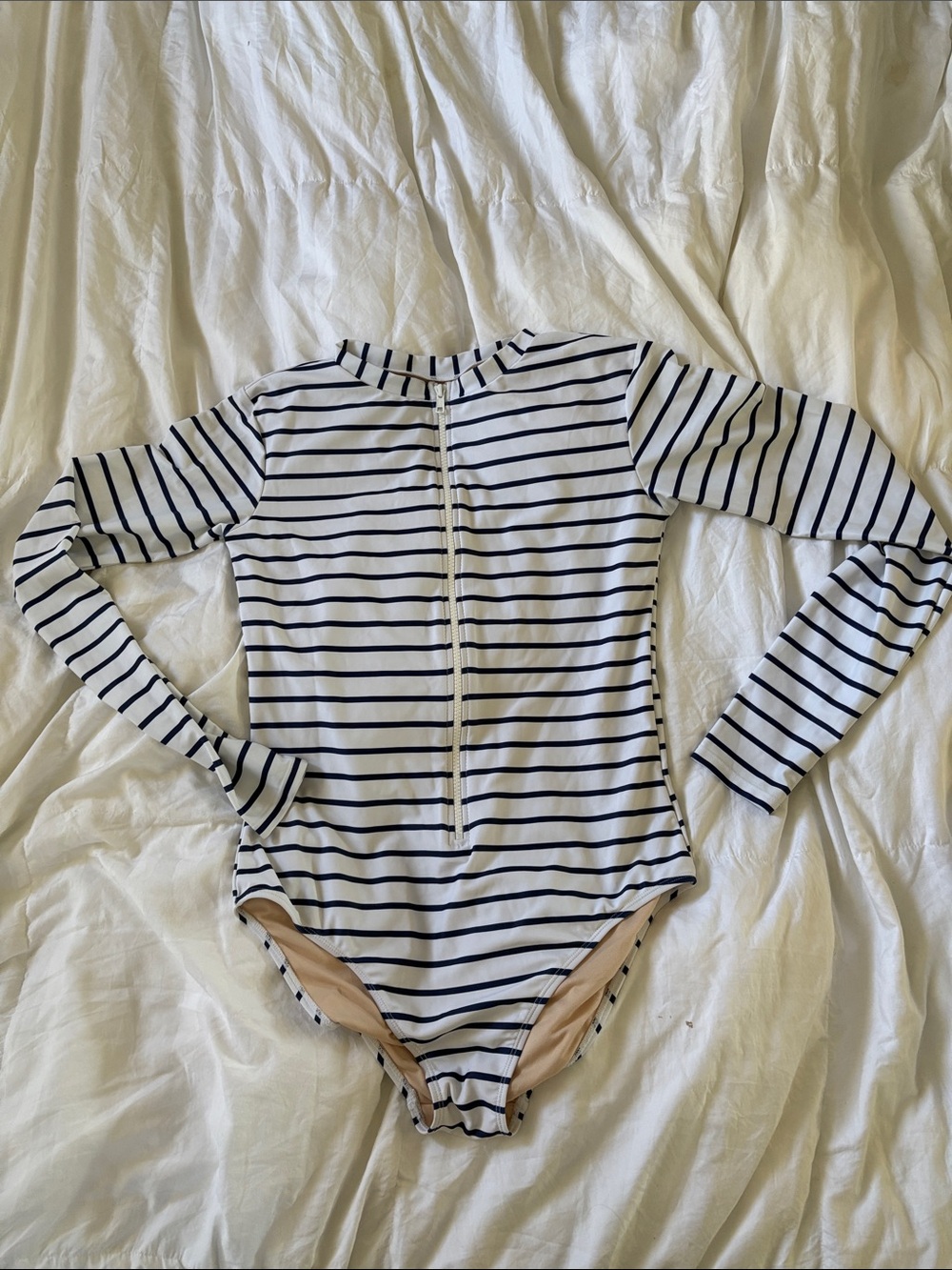 Mott50 White & Navy Striped Long Sleeve Zip-Back Bodysuit
